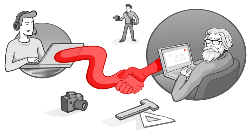 Two devices shaking hands while remote connection